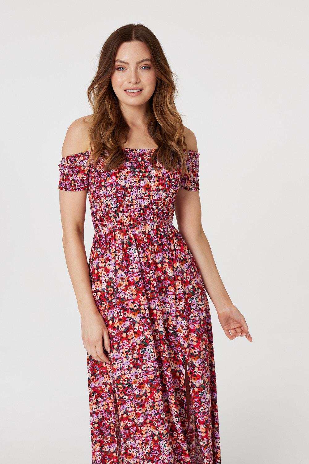 Red | Floral Bardot Smocked Maxi Dress