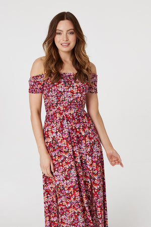 Red | Floral Bardot Smocked Maxi Dress