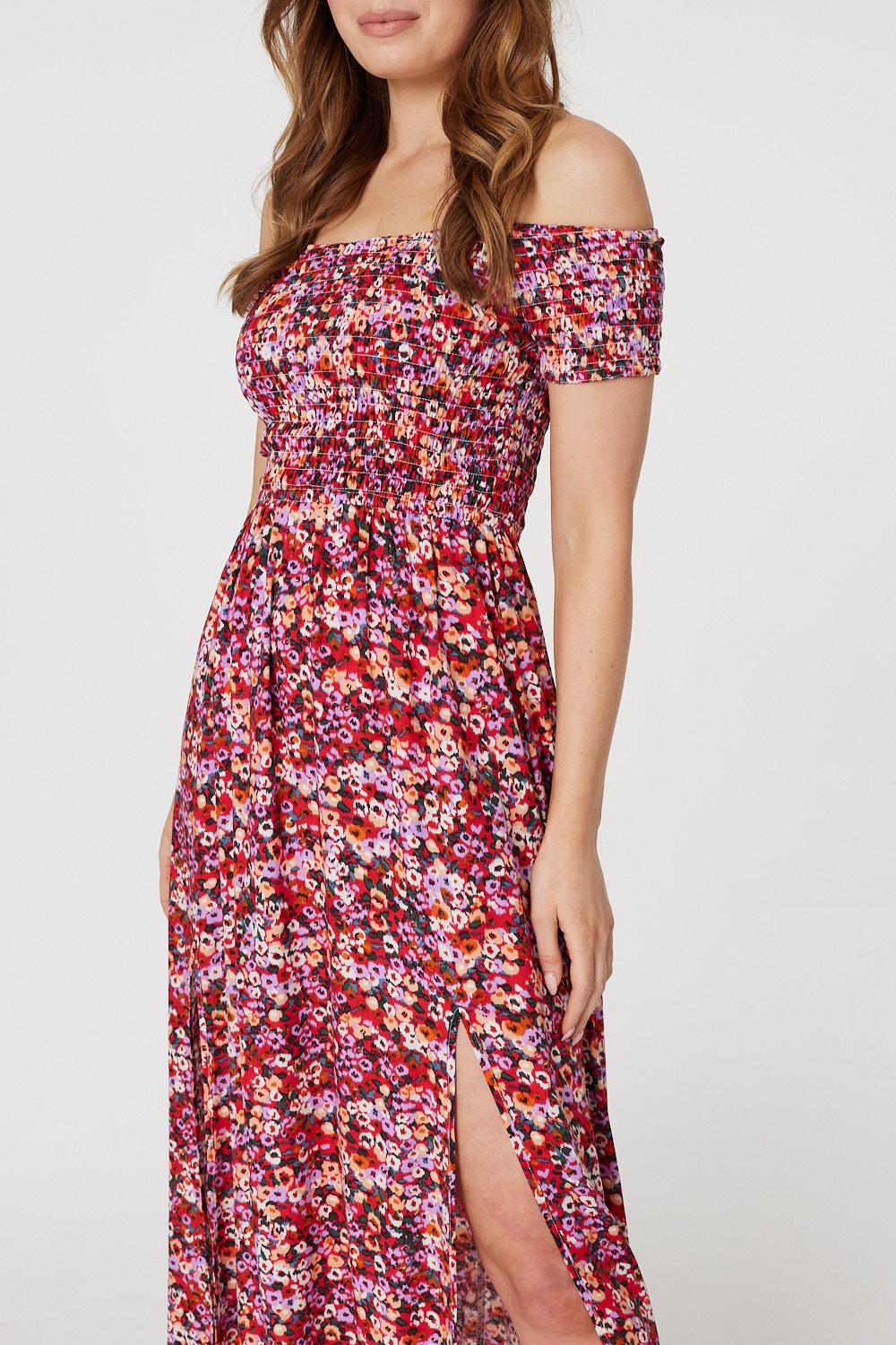 Red | Floral Bardot Smocked Maxi Dress