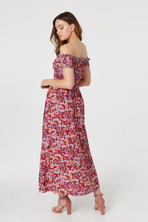 Red | Floral Bardot Smocked Maxi Dress