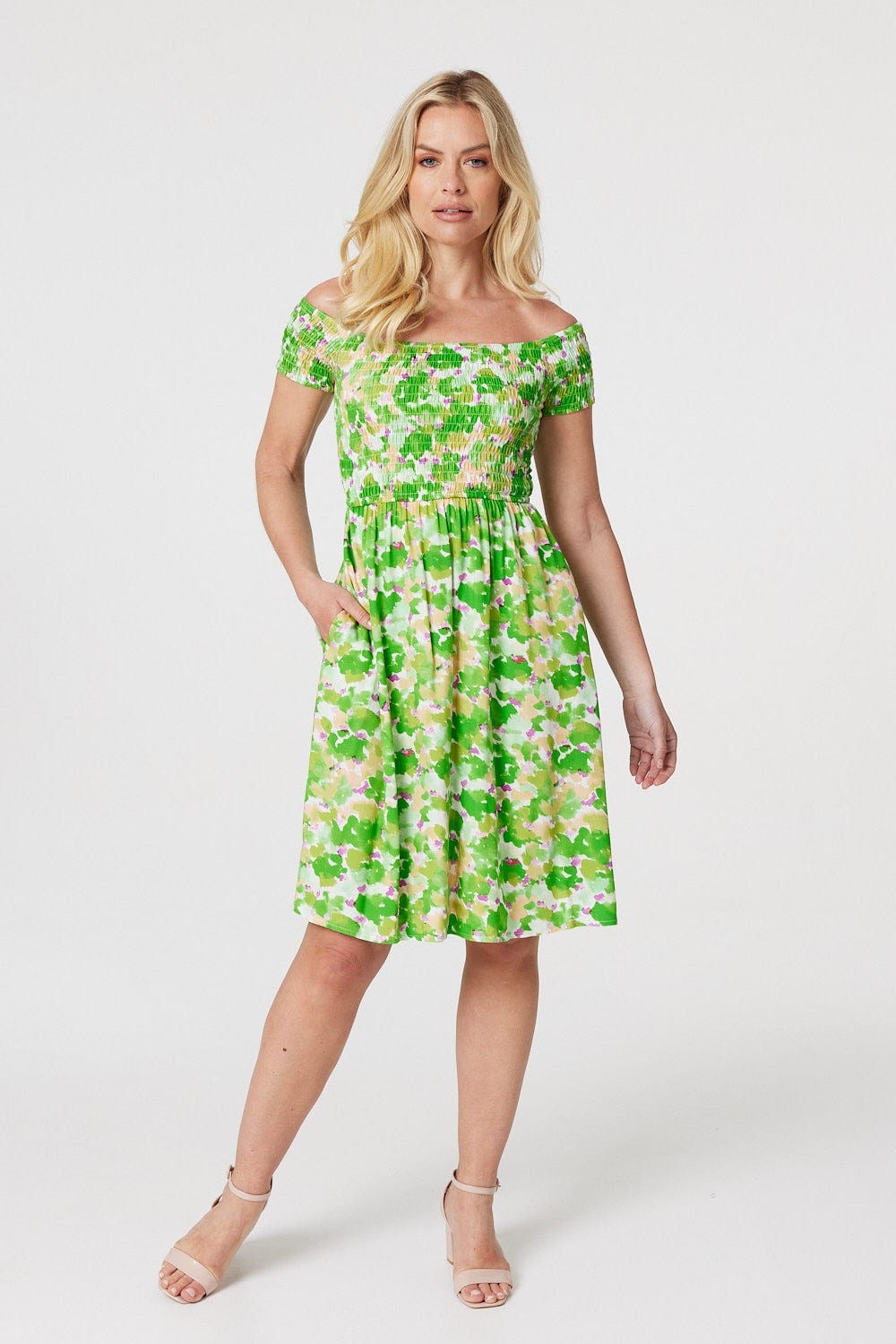 Green | Printed Bardot Smocked Dress