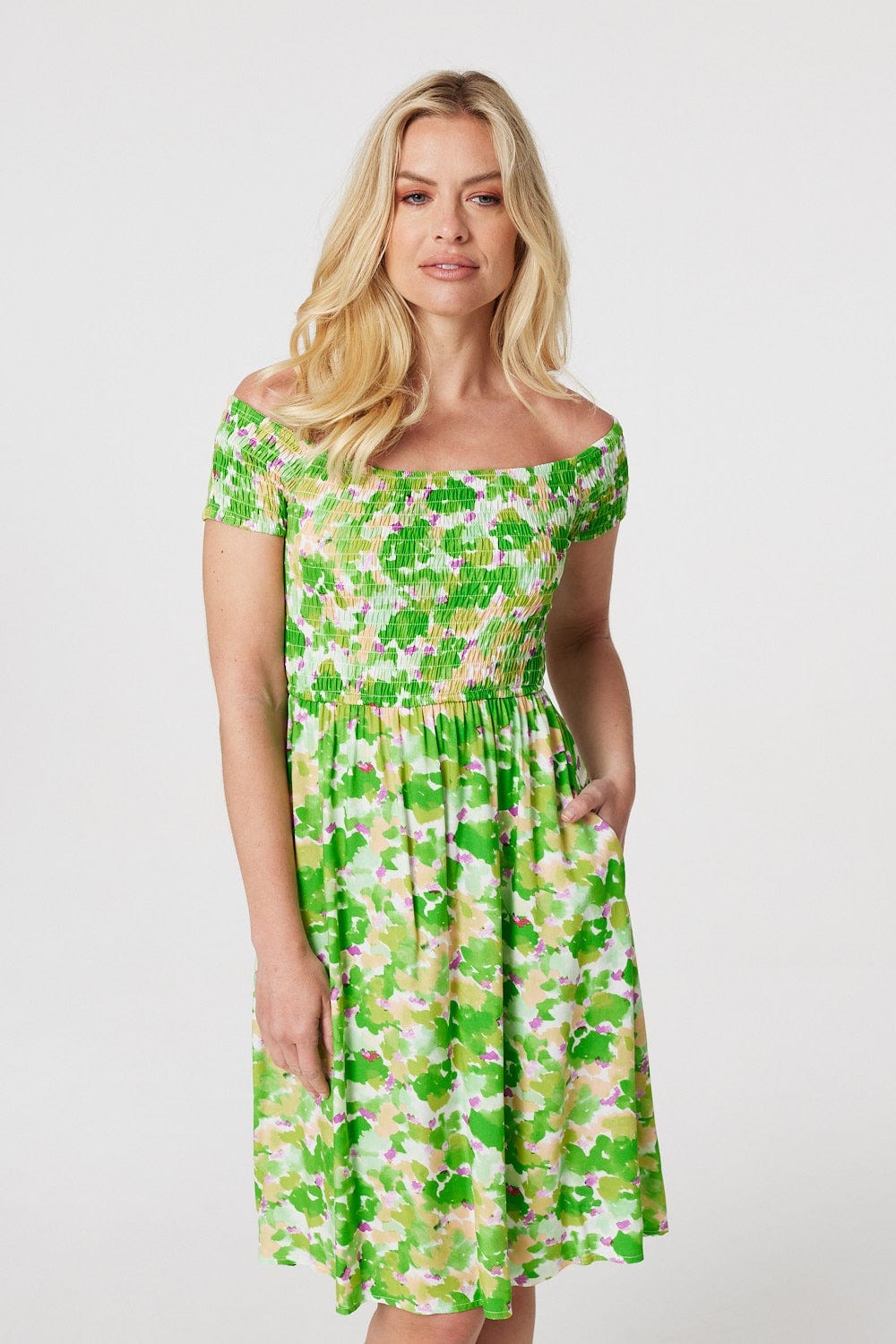 Green | Printed Bardot Smocked Dress