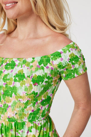 Green | Printed Bardot Smocked Dress