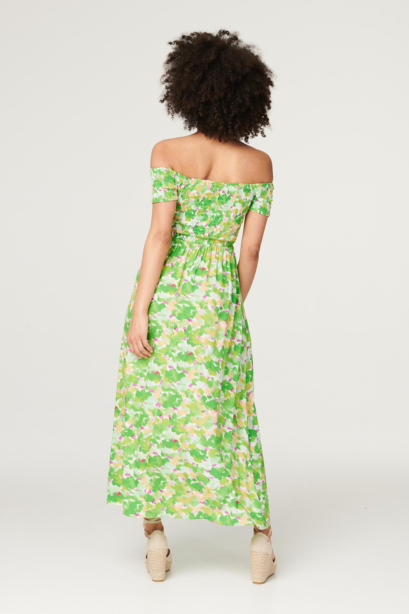 Green | Printed Bardot Column Maxi Dress