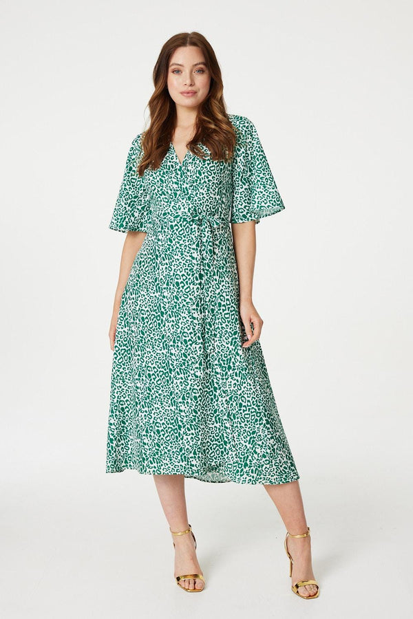 Green | Leopard Print Wrap Midi Dress