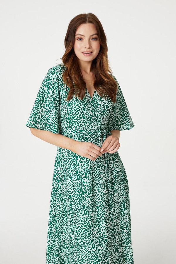 Green | Leopard Print Wrap Midi Dress