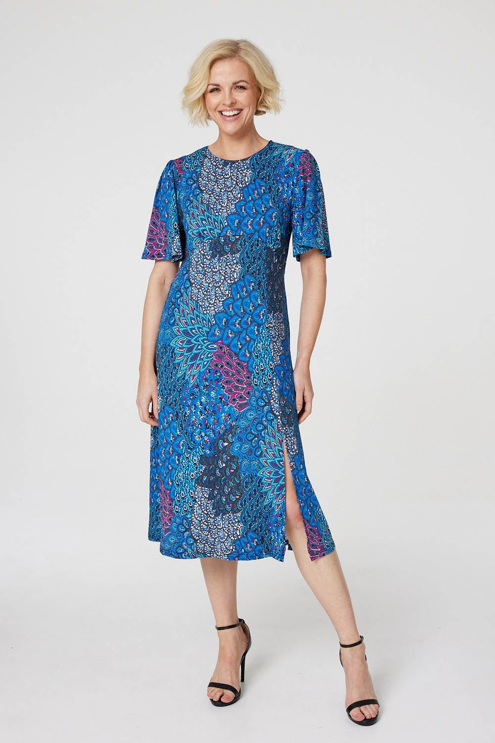 Blue | Peacock Print Jersey Midi Dress