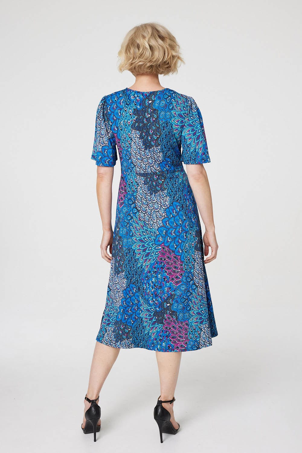 Blue | Peacock Print Jersey Midi Dress
