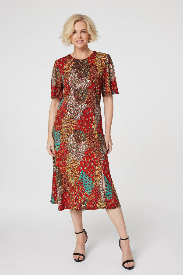 Orange | Peacock Print Jersey Midi Dress