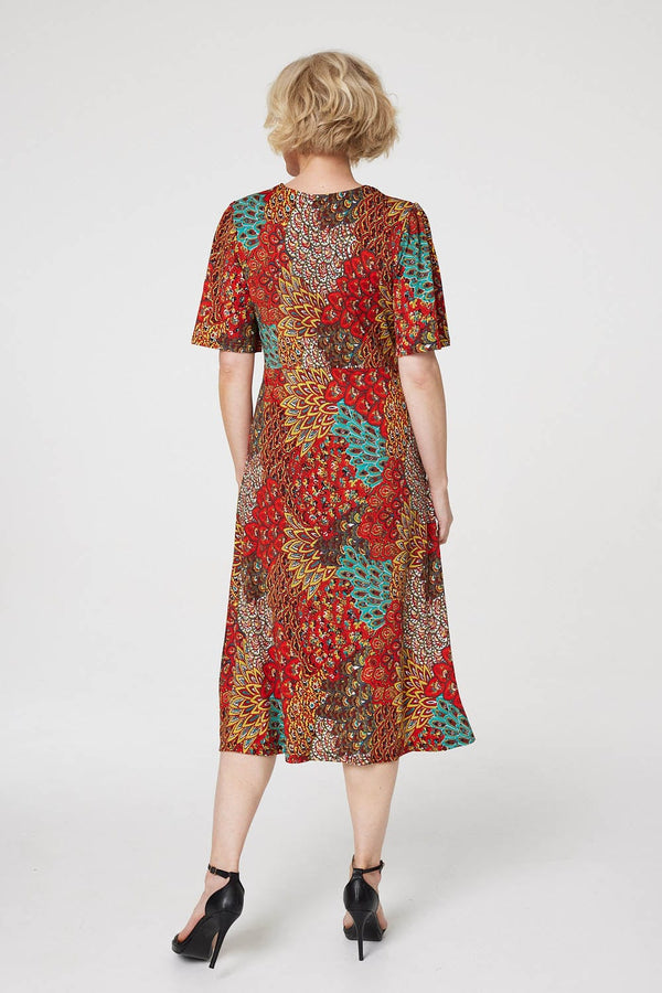 Orange | Peacock Print Jersey Midi Dress