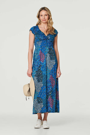 Blue | Peacock Print V-Neck Maxi Dress