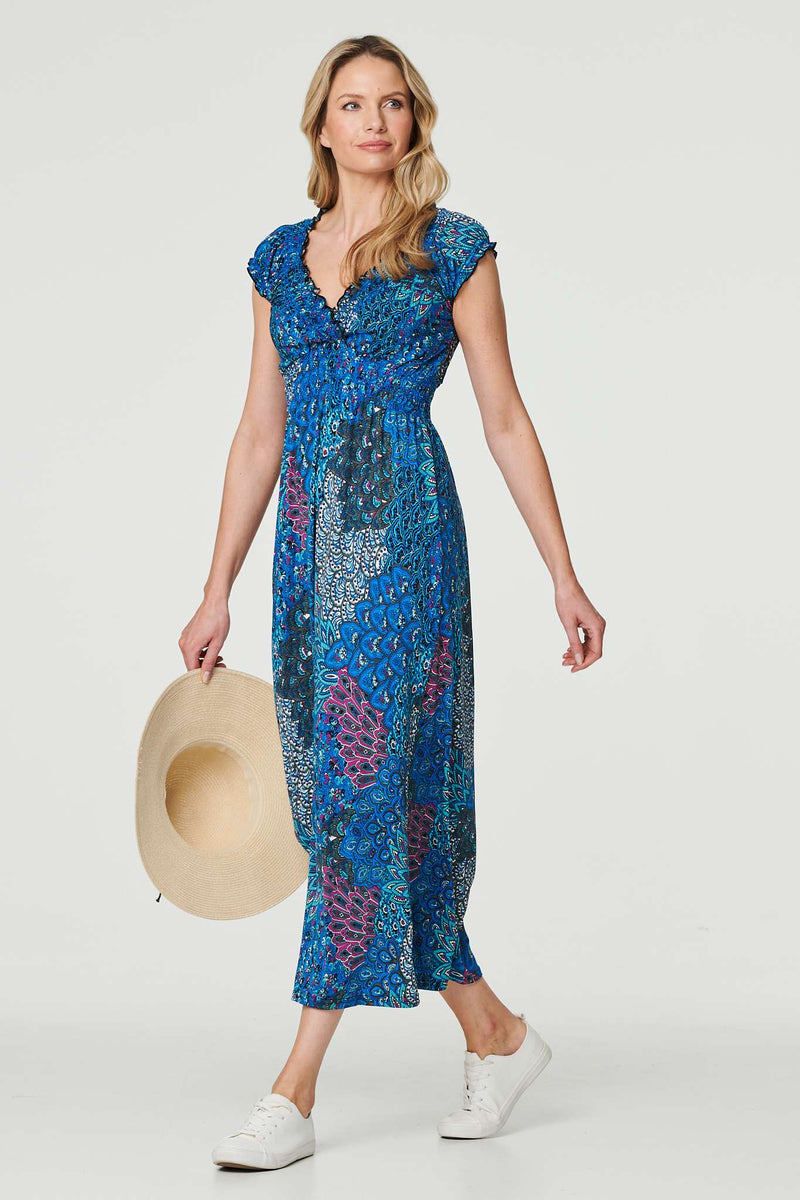 Blue | Peacock Print V-Neck Maxi Dress