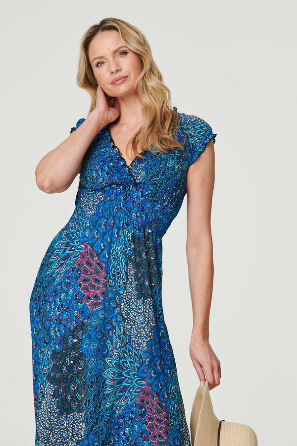 Blue | Peacock Print V-Neck Maxi Dress