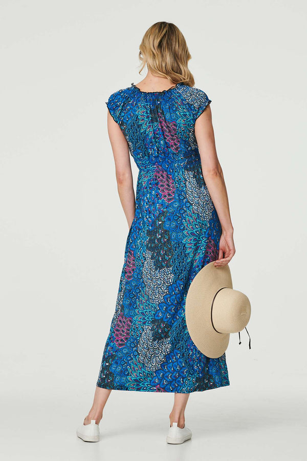 Blue | Peacock Print V-Neck Maxi Dress