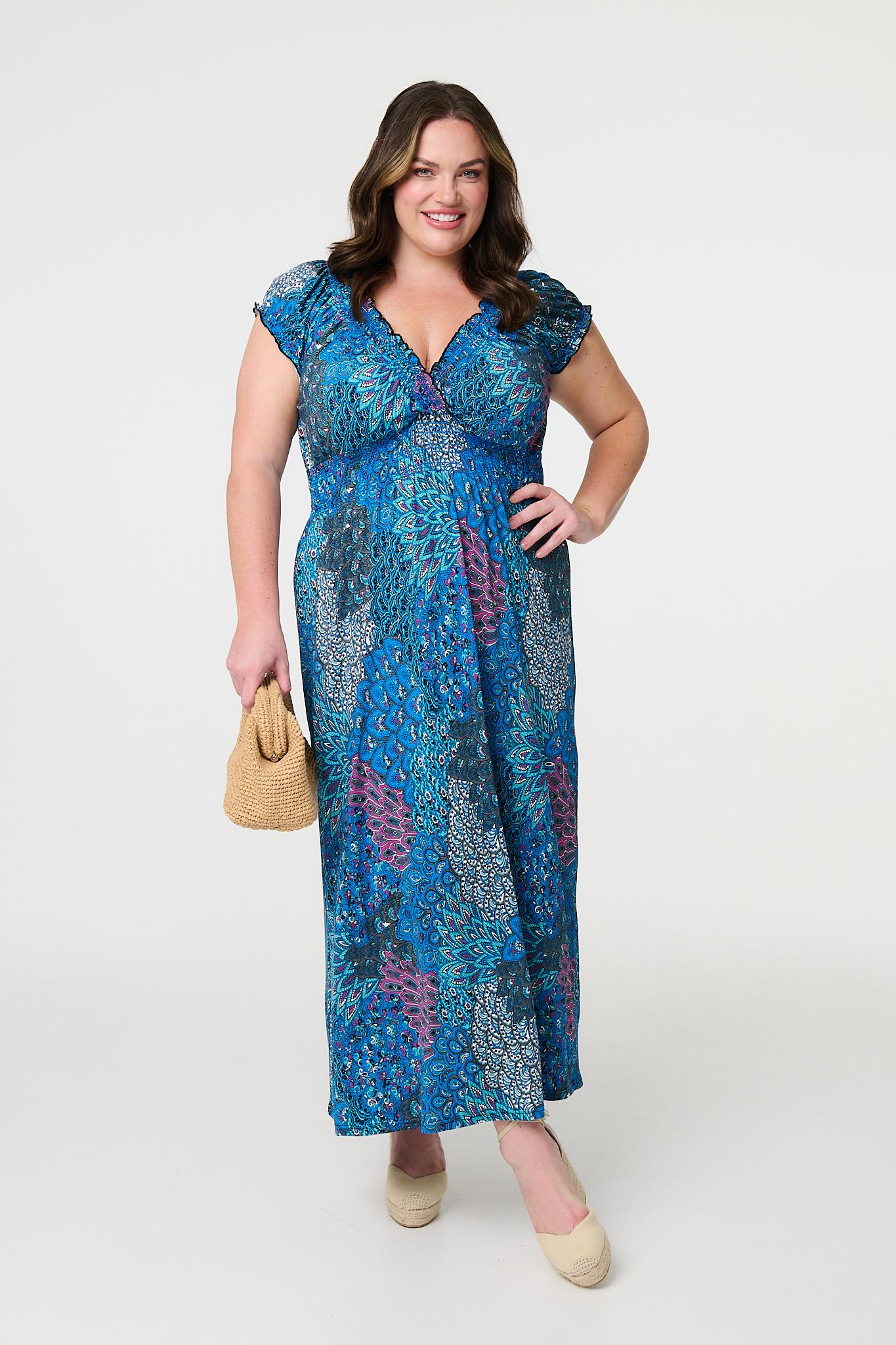 Peacock Print V Neck Maxi Dress