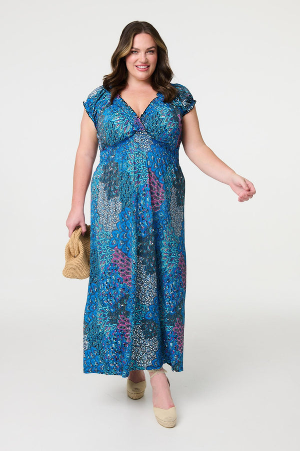 Blue | Peacock Print V-Neck Maxi Dress
