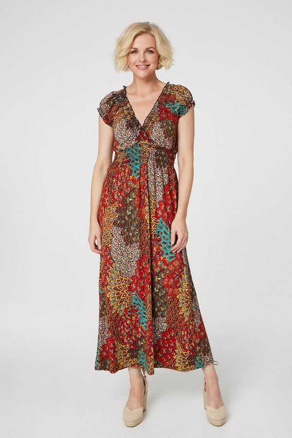 Orange | Peacock Print V-Neck Maxi Dress