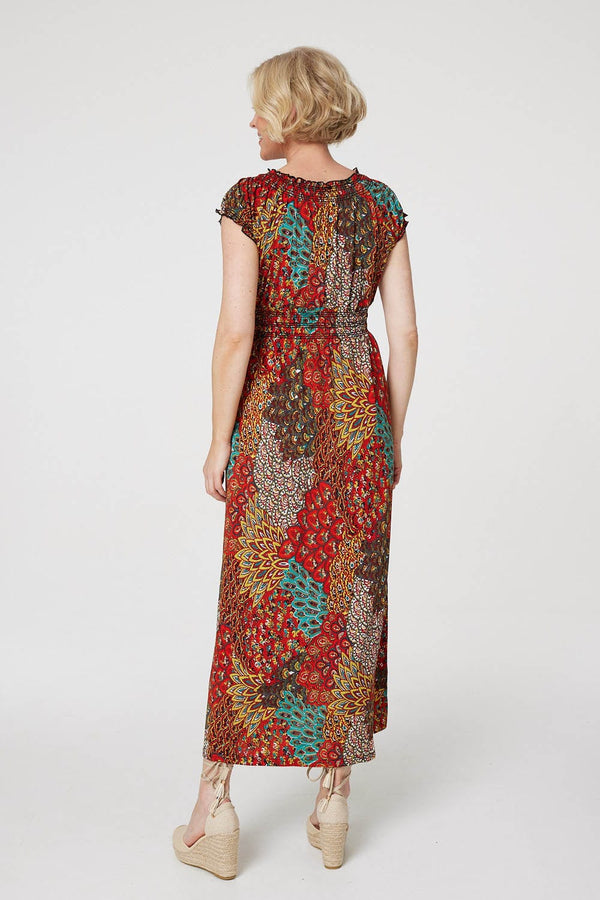 Orange | Peacock Print V-Neck Maxi Dress