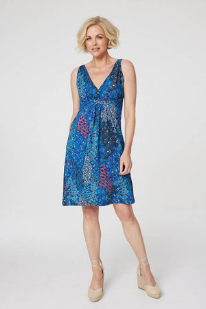 Blue | Peacock Print Short Sun Dress