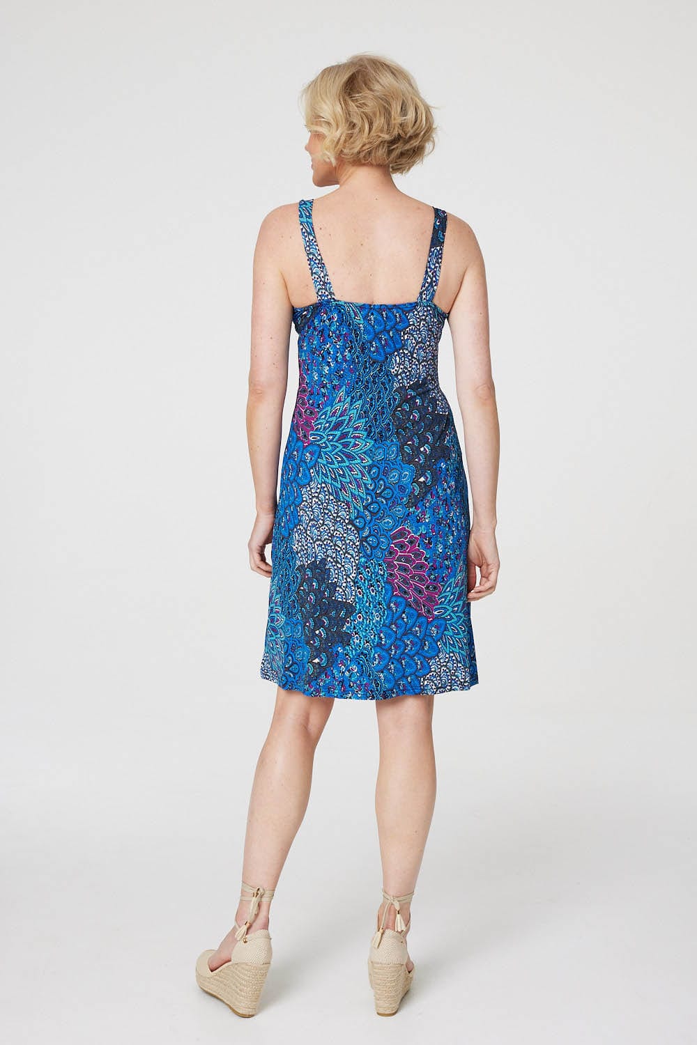 Blue | Peacock Print Short Sun Dress