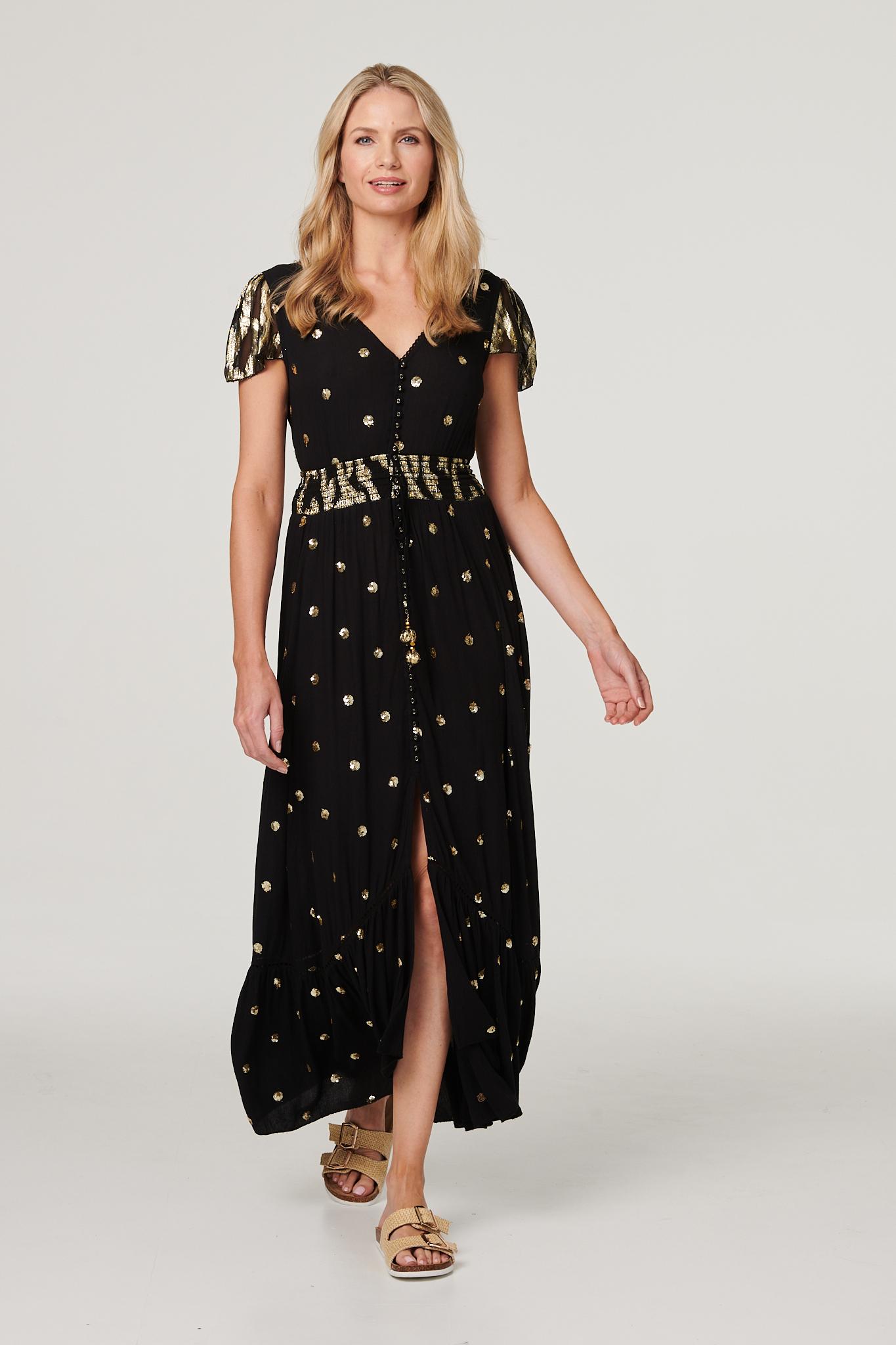 Black | Sequin Cut-Out Back Maxi Dress : Model is 5'10"/178 cm and wears UK10/EU38/US6/AUS10