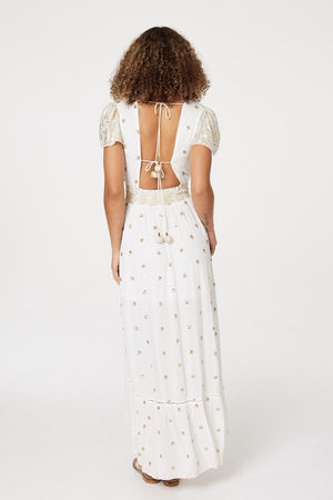 White | Sequin Cut-Out Back Maxi Dress