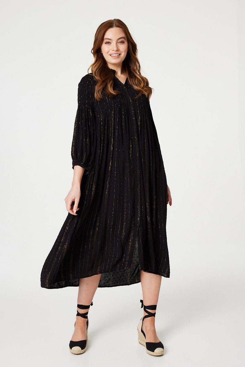 Black | Smocked Button Front Midi Dress