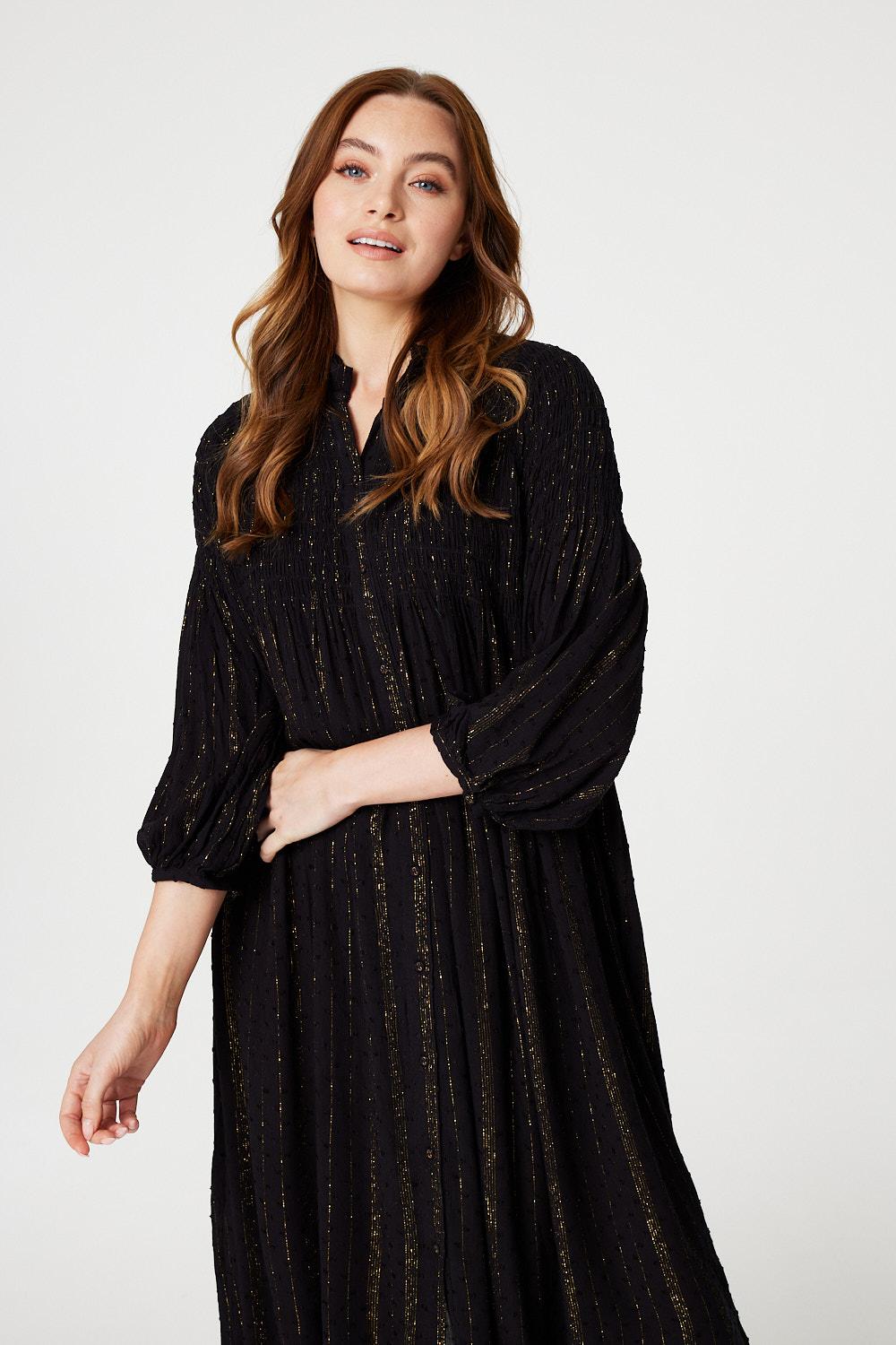 Black | Smocked Button Front Midi Dress