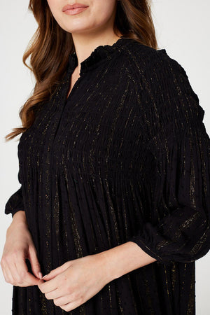 Black | Smocked Button Front Midi Dress