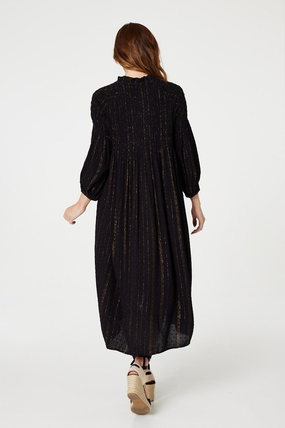 Black | Smocked Button Front Midi Dress