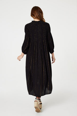Black | Smocked Button Front Midi Dress