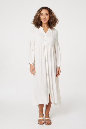 White | Smocked Button Front Midi Dress