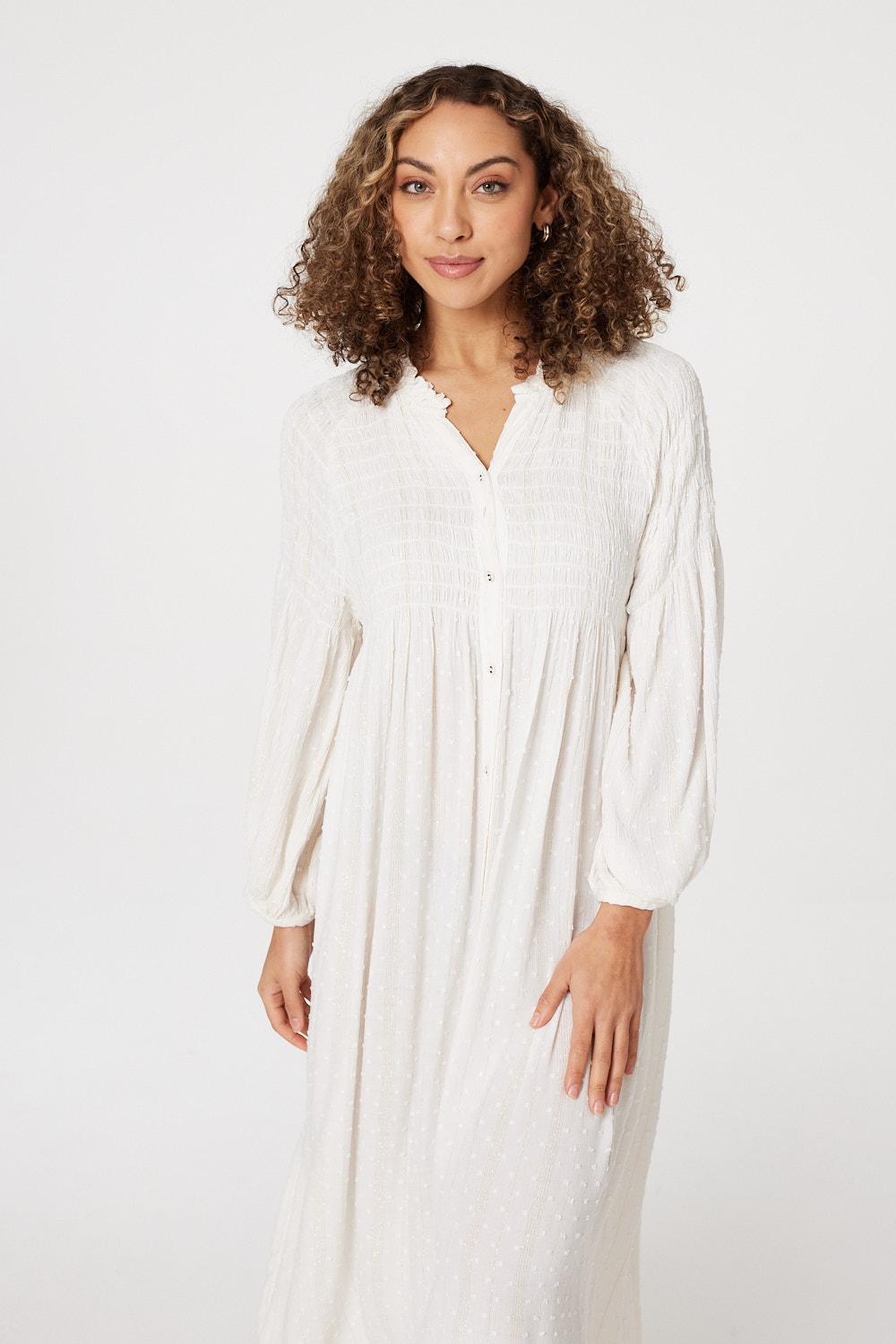 White | Smocked Button Front Midi Dress
