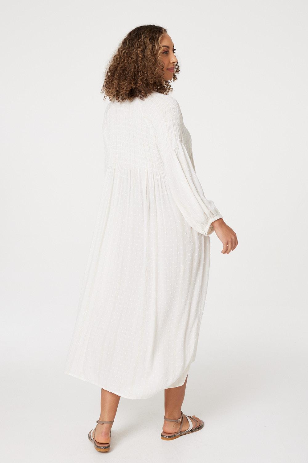 White | Smocked Button Front Midi Dress