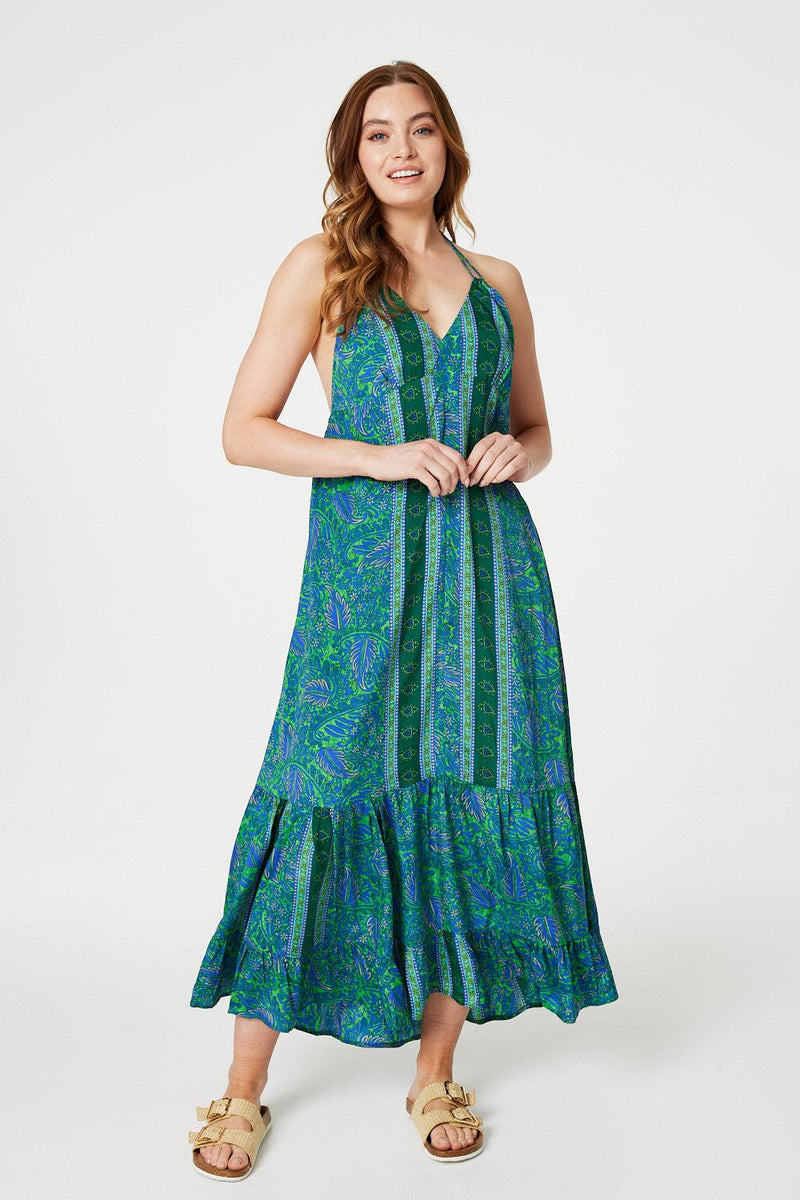 Geo border tie neck cheap dress