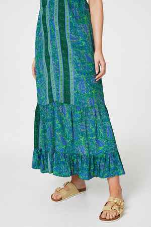 Green | Leaf Border Print Maxi Sun Dress