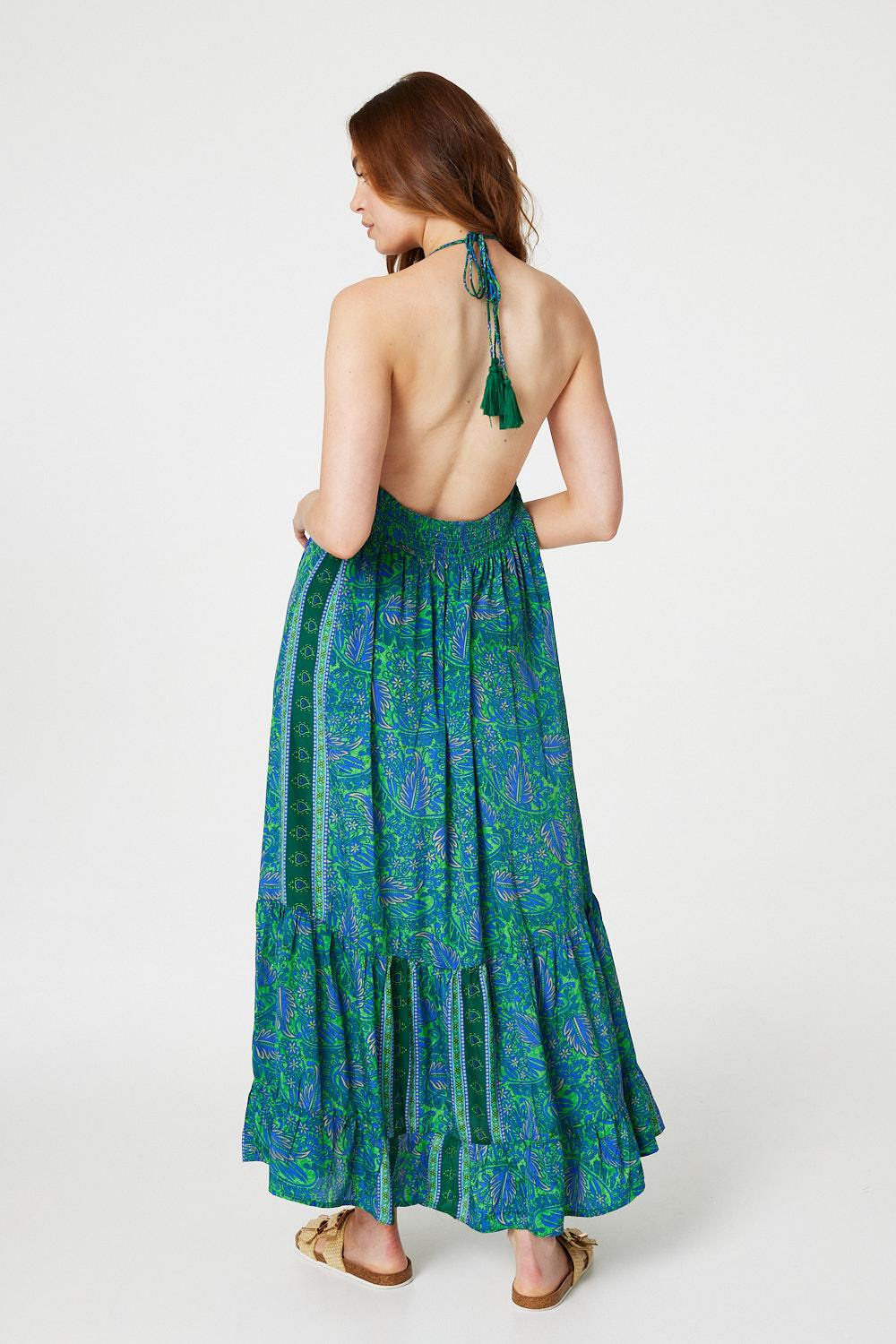 Green | Leaf Border Print Maxi Sun Dress
