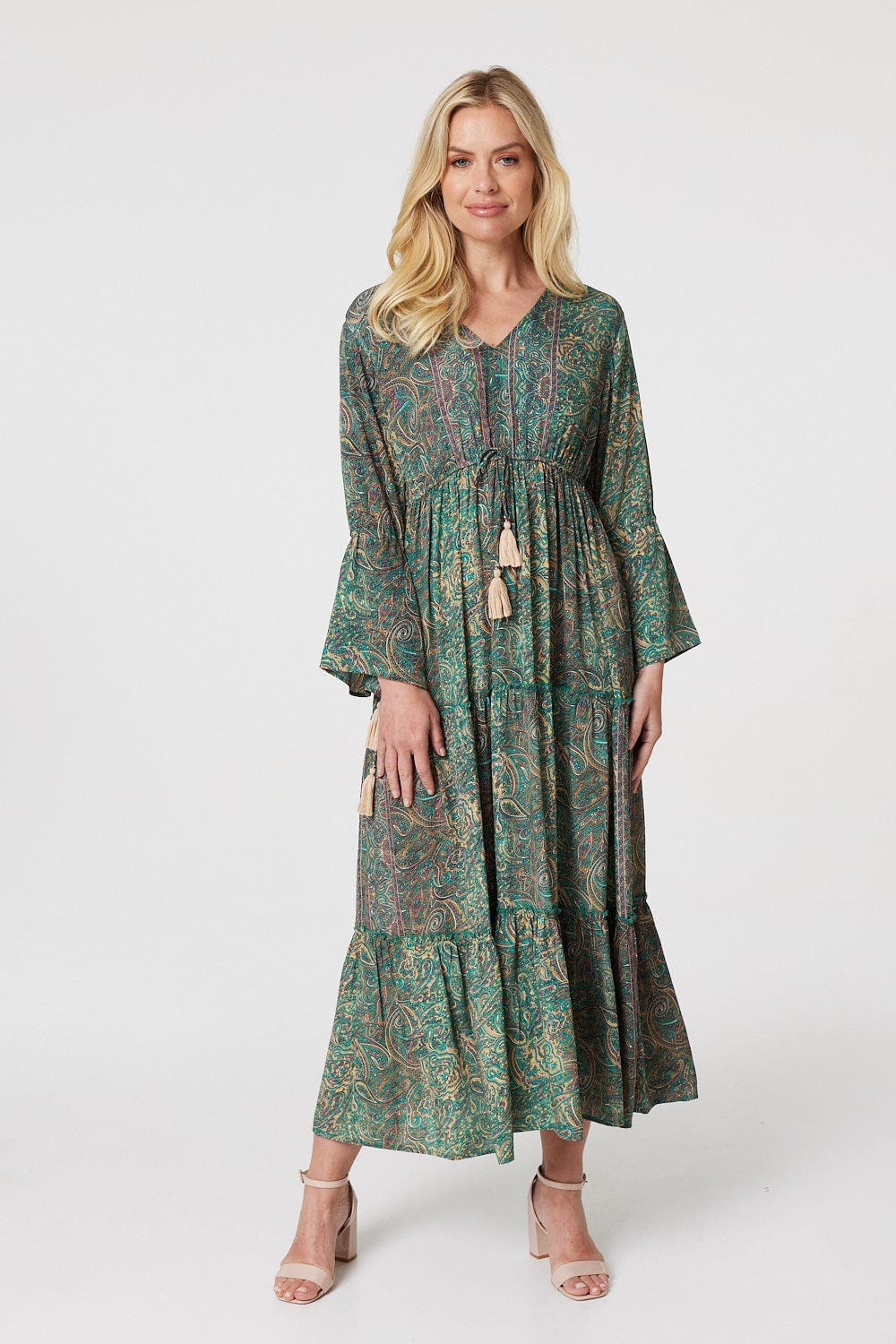 Green | Paisley Flare Sleeve Maxi Dress