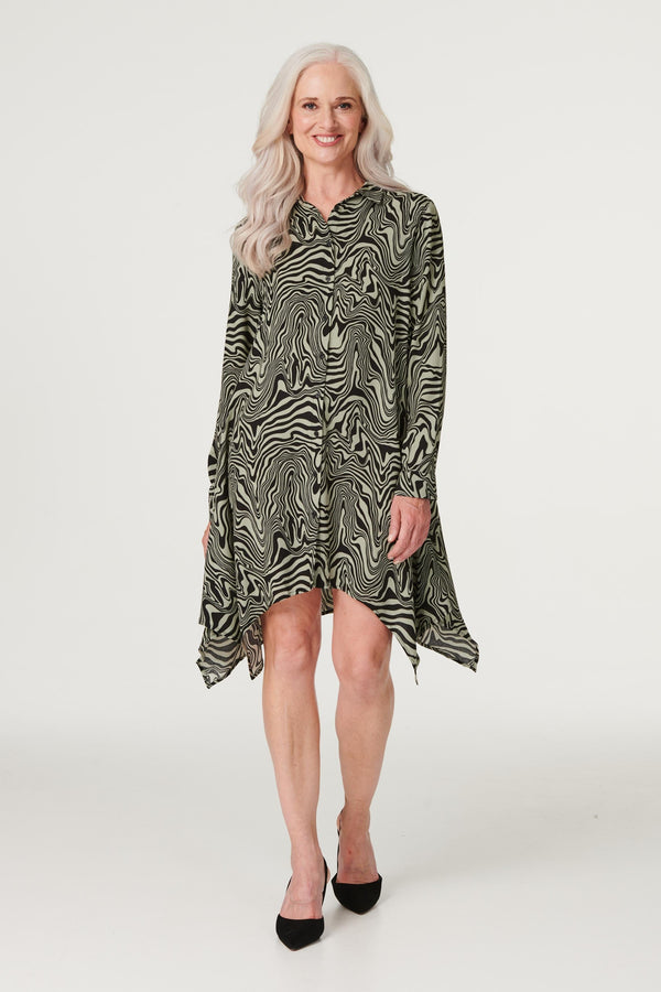 Khaki | Marble Print Hanky Hem Shirt Dress
