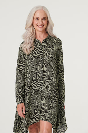 Khaki | Marble Print Hanky Hem Shirt Dress