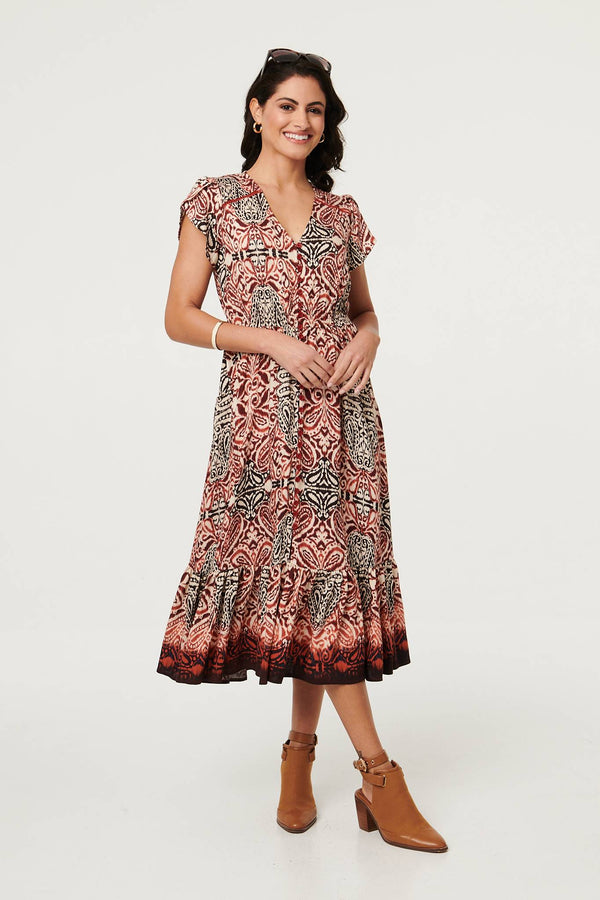 Red | Printed Cap Sleeve Midi Dress : Model is 5'8"/172 cm and wears UK8/EU36/US4/AUS8