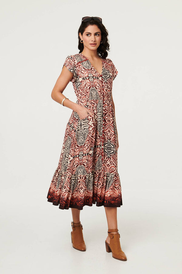 Red | Printed Cap Sleeve Midi Dress
