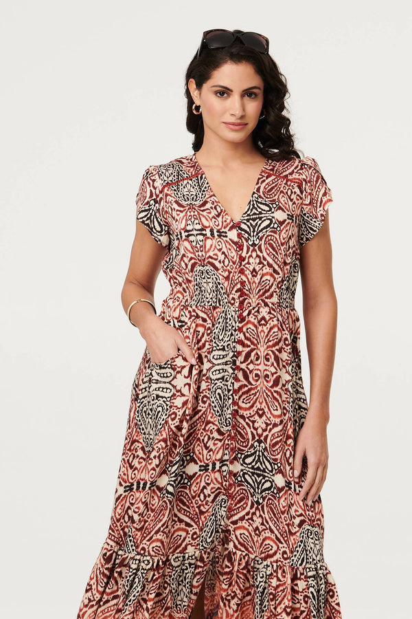Red | Printed Cap Sleeve Midi Dress
