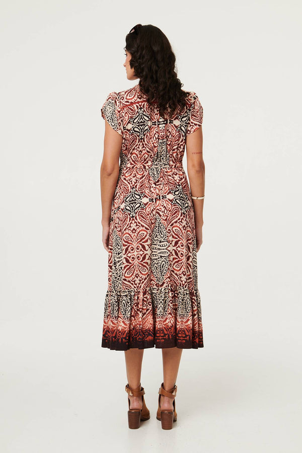 Red | Printed Cap Sleeve Midi Dress