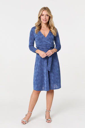 Blue | Floral Embossed Tie Waist Knee Length Dress
