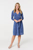 Blue | Floral Embossed Tie Waist Knee Length Dress
