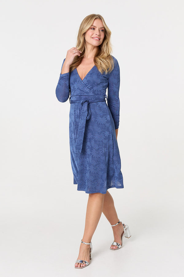 Blue | Floral Embossed Tie Waist Knee Length Dress
