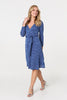 Blue | Floral Embossed Tie Waist Knee Length Dress

