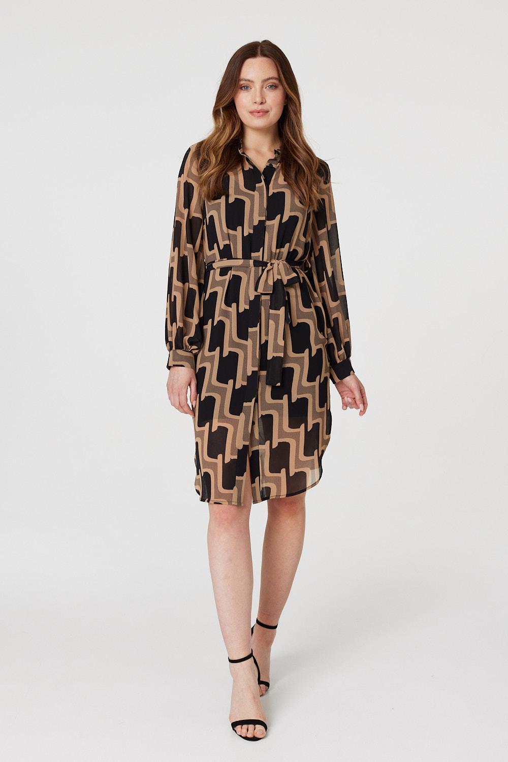 Beige | Geo Print Long Sleeve Shirt Dress