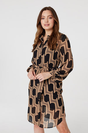 Beige | Geo Print Long Sleeve Shirt Dress
